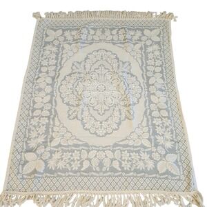 Goodwin Weavers Blue Cream Floral Medallion Cotton Woven Fringe Blanket USA